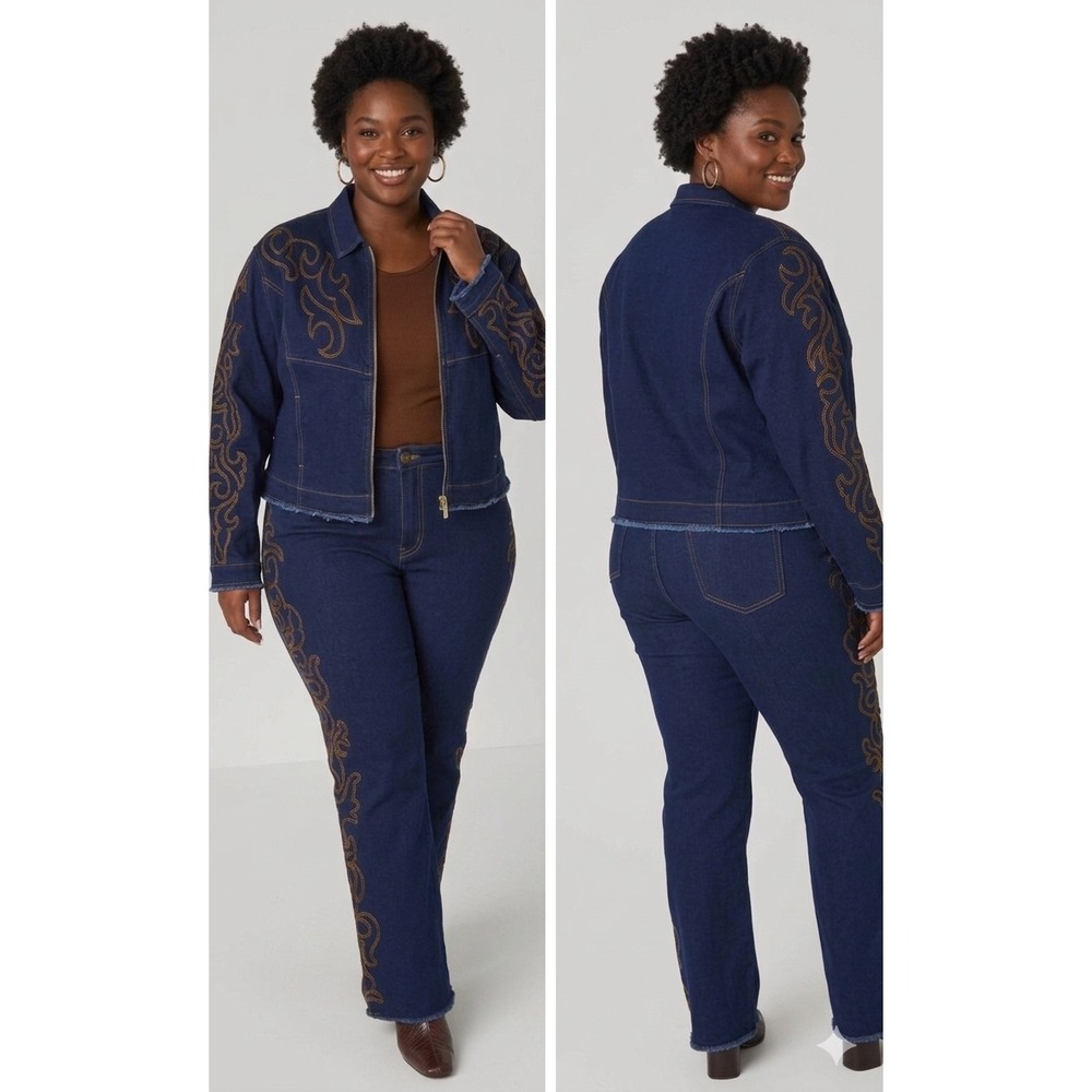 Ashley Stewart‎ Western Embroidered Denim Jacket Dark Rinse Blue Plus 22/24 NEW